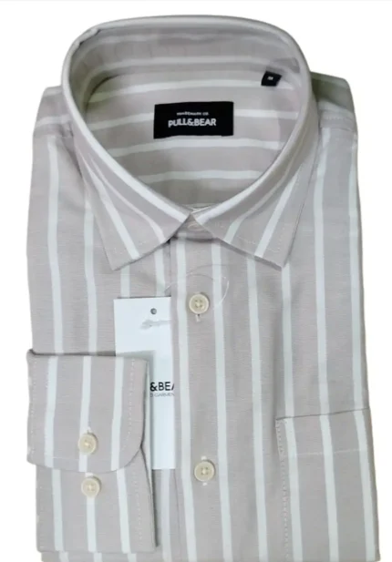 Original Export Pull & Bear Full Sleeve Remi Cotton Shirt –  Cream Color with White Vertical Stripe